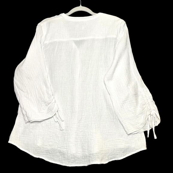 Foxcroft White Gauze Cotton Button Blouse XL Ruched Sleeves Boho Chic Coastal - Picture 5 of 11